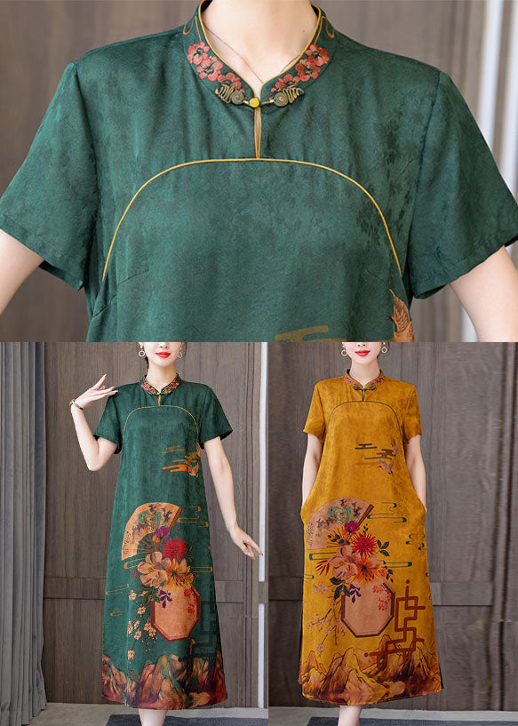 Fitted yellow letters Mandarin Collar Print Pockets Silk Long Dresses Short Sleeve