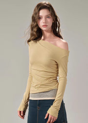 Fitted Yellow Patchwork False Two Pieces Knit Top Fall