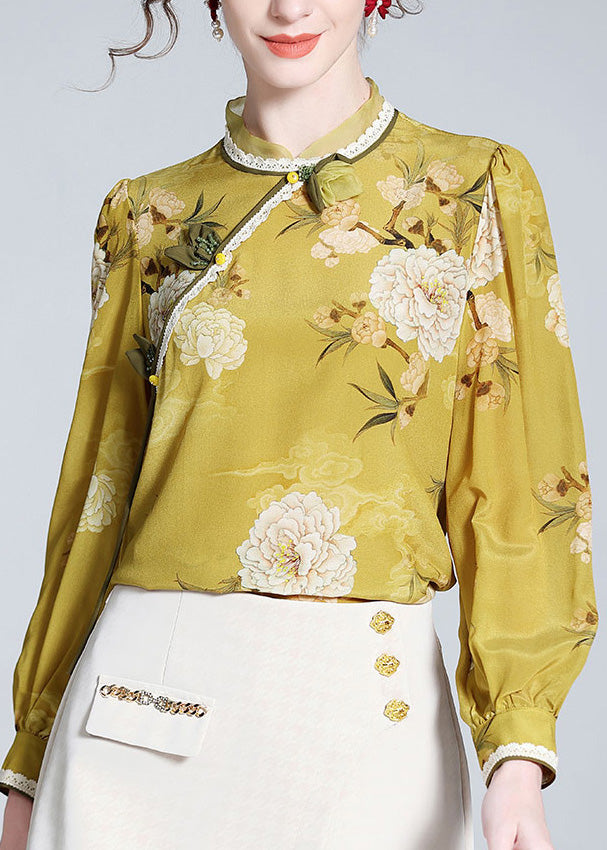 Fitted Yellow Stand Collar Print Silk Shirts Spring