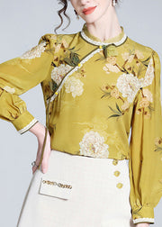 Fitted Yellow Stand Collar Print Silk Shirts Spring