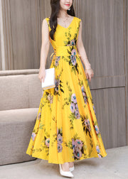 Fitted Yellow V Neck Print Chiffon Long Dress Summer