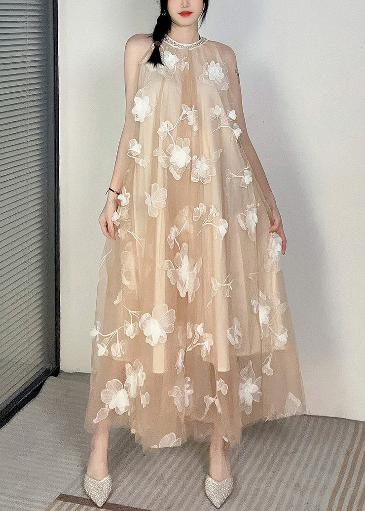 Floral Apricot O-Neck Cold Shoulder Tulle Dress Sleeveless