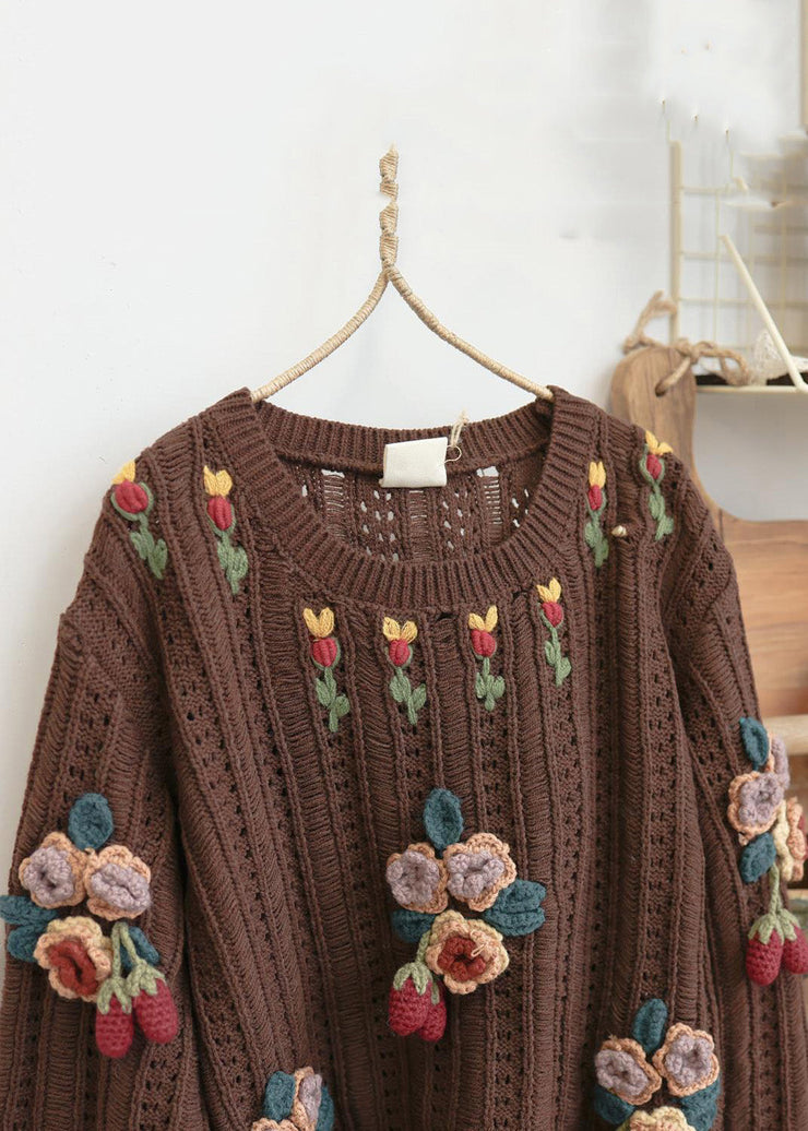 Floral Beige Tasseled Hollow Out Knit Sweaters Spring