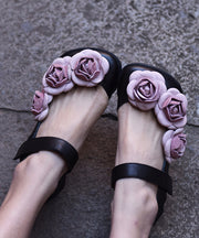 Floral Black Buckle Strap Splicing Leather Upper Baotou Walking Sandals