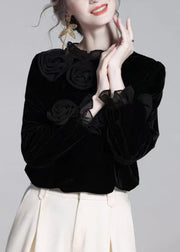 Floral Black Ruffled Solid Silk Velour T Shirt Winter