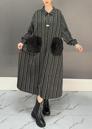 Floral Black Zippered Striped Cotton Long Dress Fall