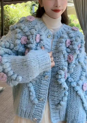 Floral Blue O Neck Button Cozy Knit Coat Winter