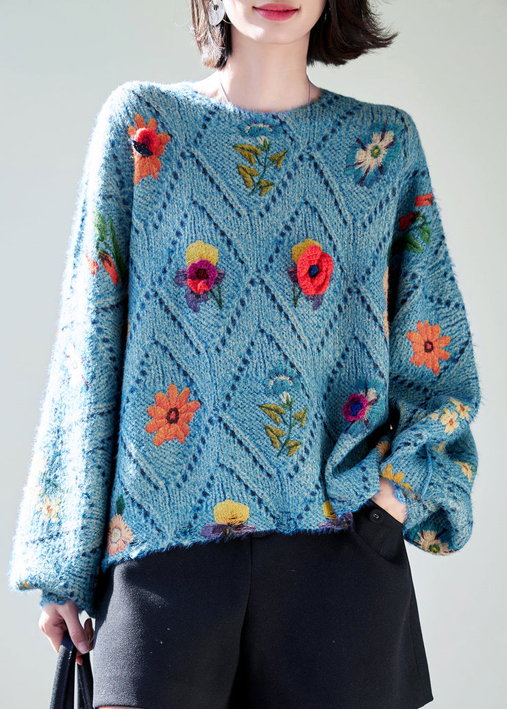 Floral Blue O-Neck Hollow Out Knit Sweaters Fall