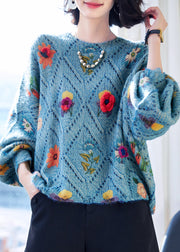 Floral Blue O-Neck Hollow Out Knit Sweaters Fall