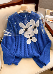 Floral Blue O Neck Nail Bead Knit Sweater Winter