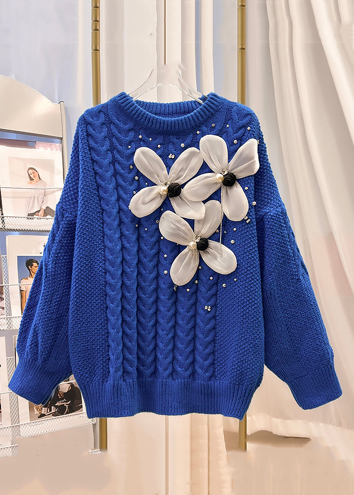 Floral Blue O Neck Nail Bead Knit Sweater Winter