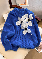 Floral Blue O Neck Nail Bead Knit Sweater Winter