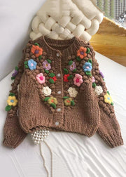 Floral Brown Button Cozy Patchwork Cotton Knit Coats Winter