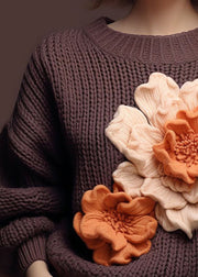 Floral Brown O Neck  Cotton Knit Sweaters Fall