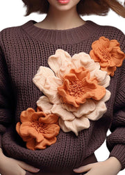 Floral Brown O Neck  Cotton Knit Sweaters Fall