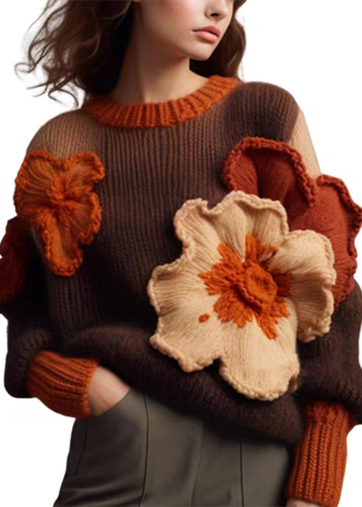 Floral Brown O Neck  Cotton Knit Sweaters Long Sleeve