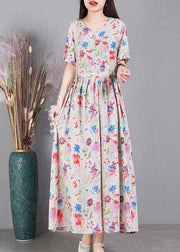 Floral Colour V Neck Print Wrinkled Linen Dress Short Sleeve