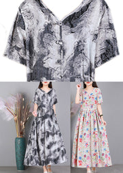 Floral Colour V Neck Print Wrinkled Linen Dress Short Sleeve