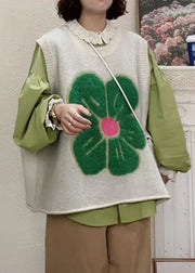 Floral Green O Neck Patchwork Cozy Knit Waistcoat Sleeveless