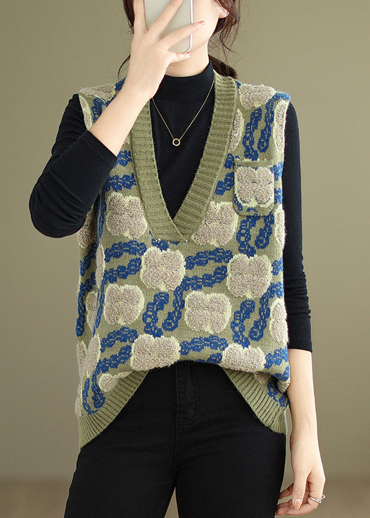 Floral Green V Neck Patchwork Cozy Knit Waistcoat Sleeveless