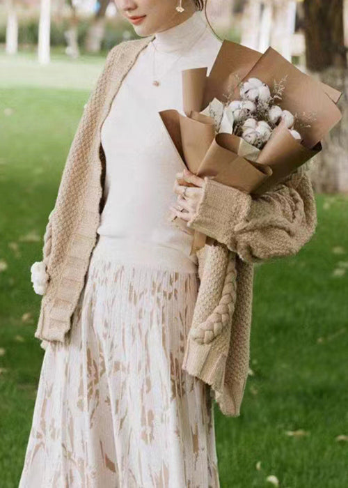 Floral Khaki V Neck  Cable Knit Cardigan Fall