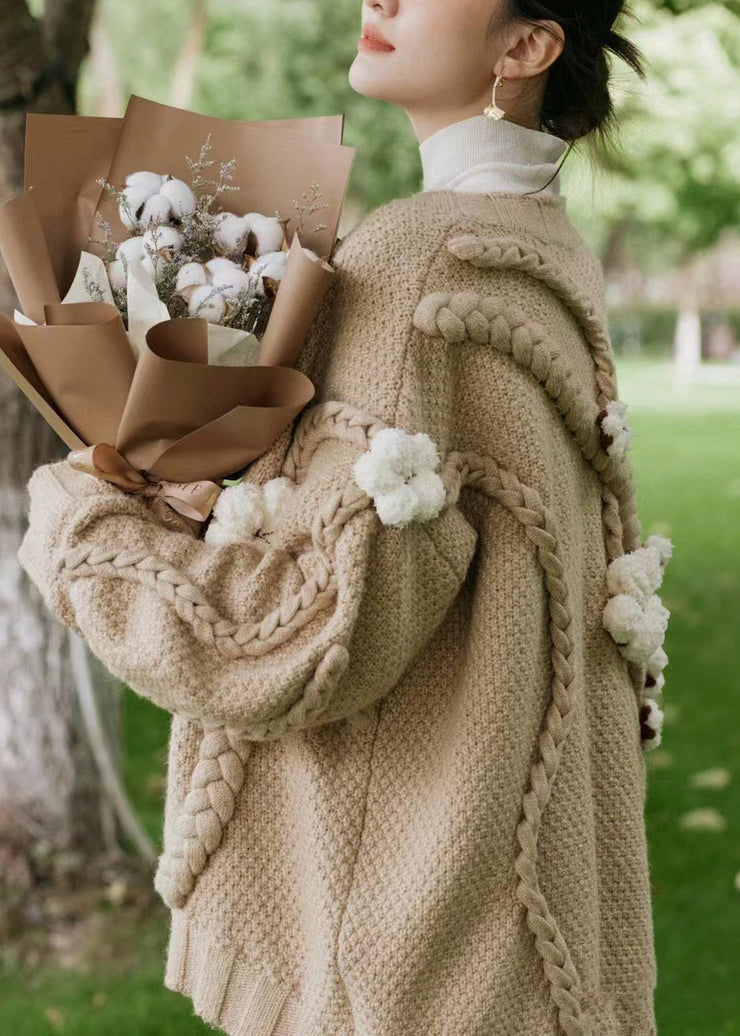 Floral Khaki V Neck  Cable Knit Cardigan Fall