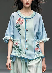 Floral Light Blue O Neck Pockets Cotton Shirt Half Sleeve