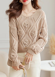 Floral Light Camel O Neck Hollow Out Knit Sweaters Fall