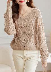 Floral Light Camel O Neck Hollow Out Knit Sweaters Fall