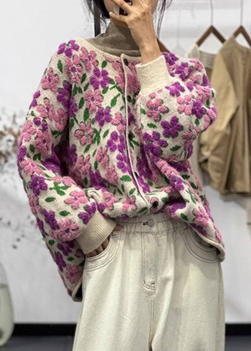 Floral Light Purple O Neck Button Cotton Knit Coat Long Sleeve