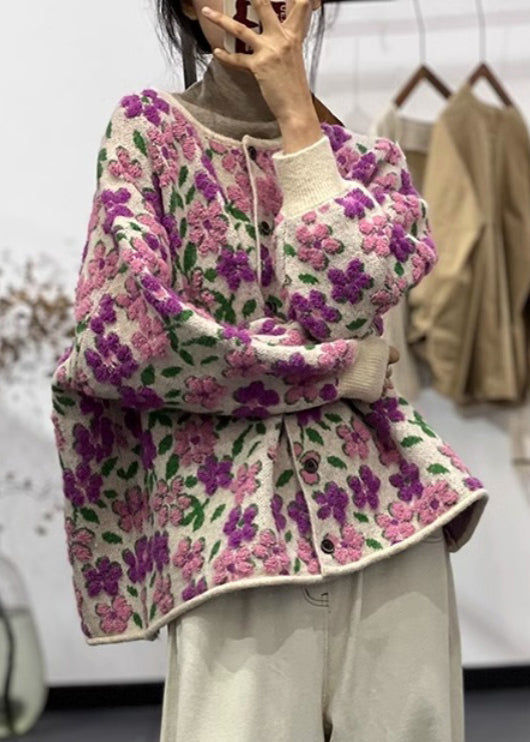 Floral Light Purple O Neck Button Cotton Knit Coat Long Sleeve