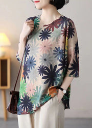 Floral O Neck Print Patchwork Cozy Cotton Knit Top Half Sleeve