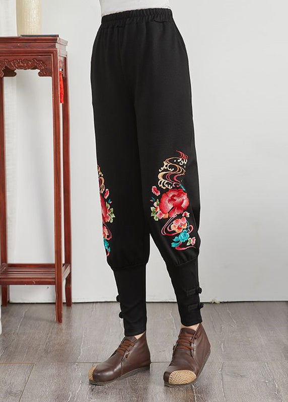 Floral Patchwork Elastic Waist Pockets Cotton Harem Pants