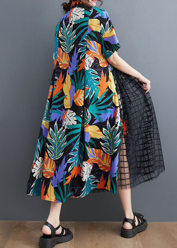 Floral Patchwork Long Tulle Shirts Dress Wrinkled Short Sleeve