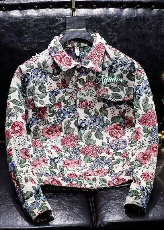 Floral Peter Pan Collar Print Button Cotton Fall Men Coat