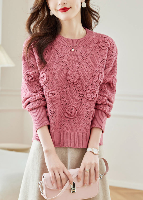 Floral Pink Hollow Out Solid Knit Sweaters Fall