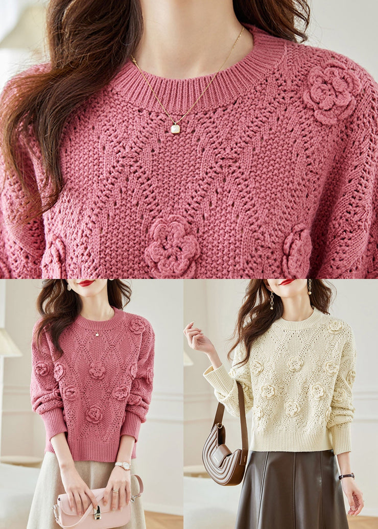 Floral Pink Hollow Out Solid Knit Sweaters Fall