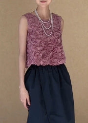 Floral Pink O-Neck Solid Tulle Tank Sleeveless