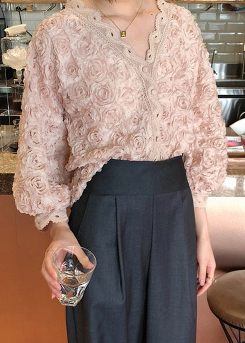 Floral Pink V Neck Button Lace Blouses Bracelet Sleeve