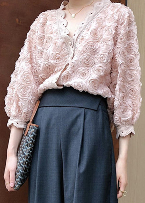 Floral Pink V Neck Button Lace Blouses Bracelet Sleeve