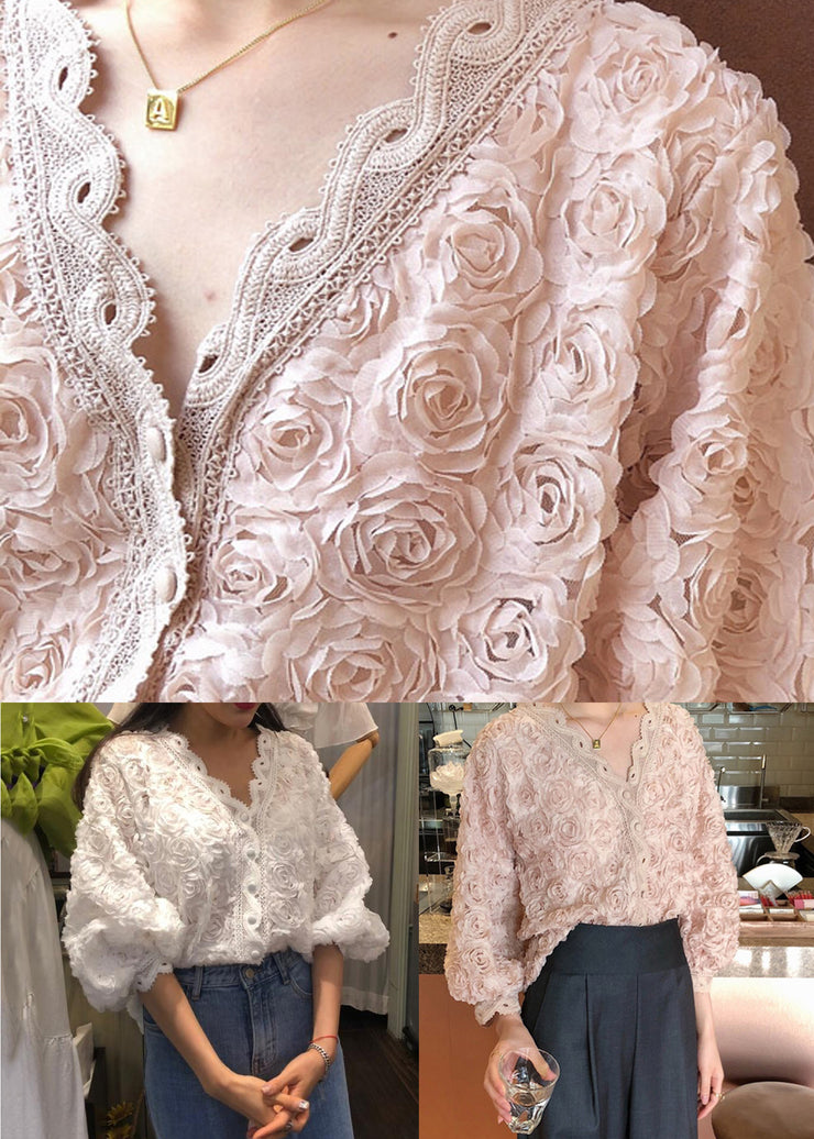 Floral Pink V Neck Button Lace Blouses Bracelet Sleeve