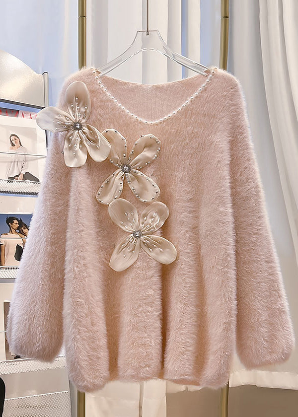 Floral Pink V Neck Cozy Mink Hair Knitted Sweater Winter