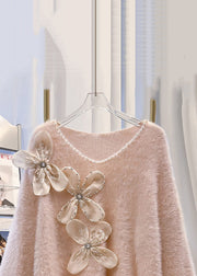 Floral Pink V Neck Cozy Mink Hair Knitted Sweater Winter