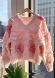 Floral Pink V Neck Original Design Knit Cardigans Fall