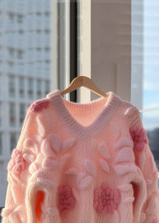 Floral Pink V Neck Original Design Knit Cardigans Fall