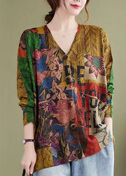 Floral Print Patchwork Cotton Knit Coat V Neck Long Sleeve