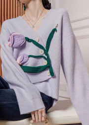 Floral Purple Asymmetrical Button Knit Cardigan Winter