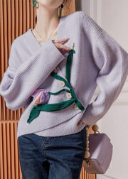 Floral Purple Asymmetrical Button Knit Cardigan Winter