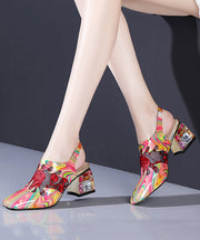 Floral Red Buckle Strap Breathable Mesh Splicing Chunky High Heels