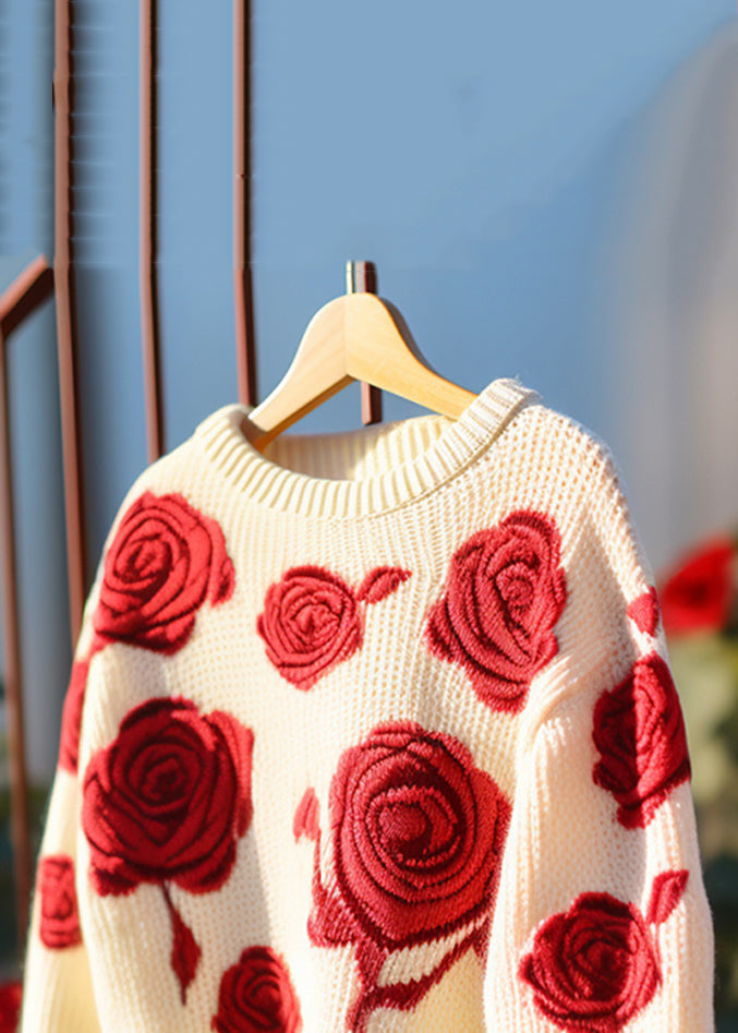 Floral Red Hollow Out Cozy Knit Sweaters Fall